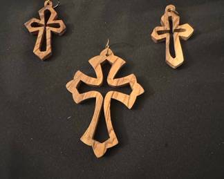 Set of Three Hand-Carved Olive Wood Cross Pendants