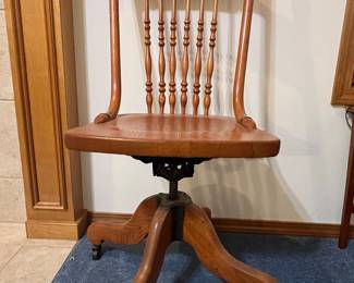 Antique Carved Oak Spindle Back Swivel Office Chair