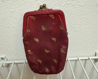 Vintage Red Leather Coin Purse with Gold Fleur-de-lis Motif