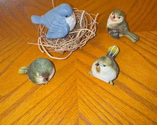 Set of Four Decorative Ceramic Bird Figurines with Nest