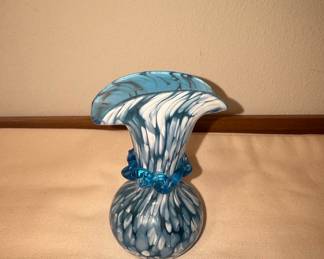 Rainbow Art Glass Blue and White Splatter Vase with Applied Ruffle
