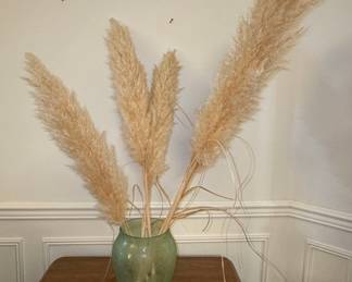 Hand-Blown Green Glass Vase with Pampas Grass