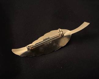 Vintage Gold-Tone Feather Brooch with Blue Baguette Rhinestones and Faux Pearl