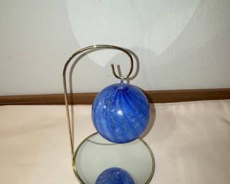 Vintage Cobalt Blue Swirled Hand-Blown Glass Witch Ball on Mirrored Stand