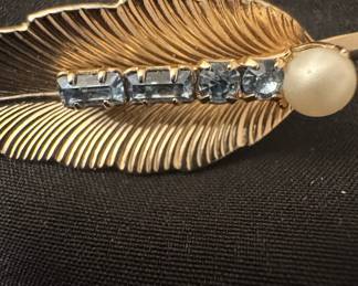 Vintage Gold-Tone Feather Brooch with Blue Baguette Rhinestones and Faux Pearl