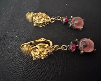 Vintage Lion Head Clip-On Earrings with Cabochons