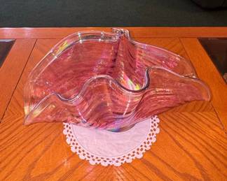 Vintage Murano Style Iridescent Pink Ruffled Bowl