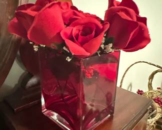 Ruby Red Glass Cube Vase with Artificial Roses and Faux Water