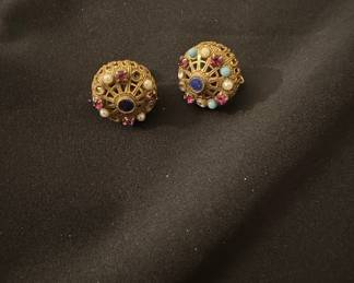 Vintage Gold Tone Dome Clip-On Earrings with Faux Pearls and Colored Stones