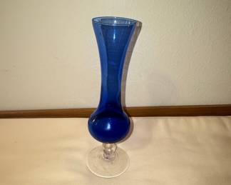 Mid-Century Modern Cobalt Blue Bud Vase with Clear Pedestal Foot