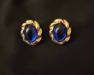 Vintage Kenneth Jay Lane (KJL) for Avon Blue Cabochon Gold-Tone Clip-On Earrings