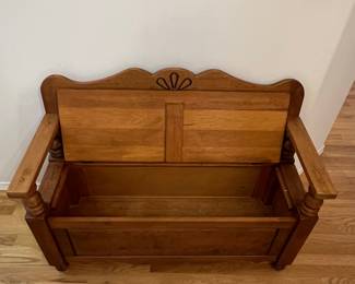 Vintage Pine Storage Bench with Spindle Turned Arms and Scalloped Apron