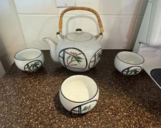 Otagiri Ceramic Tea Set with Rattan Handle and Bamboo Motif