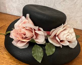 Vintage Black Straw Hat with Pink Roses and Ribbon