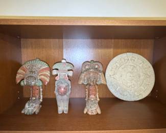 Mexican Folk Art Ceramic Figures and Aztec Calendar Plaque