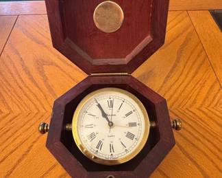 Bulova Quartermaster Quartz Ship's Bell Clock in Octagonal Mahogany Wood Case