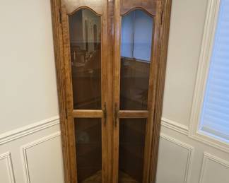 Vintage Oak Corner Curio Cabinet with Glass Shelves and Interior Lighting