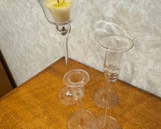 Set of Three Clear Glass Candlestick Holders