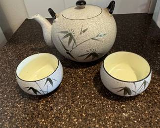 Vintage Japanese Bamboo Motif Tea Set with 2 Cups