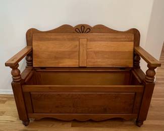 Vintage Pine Storage Bench with Spindle Turned Arms and Scalloped Apron