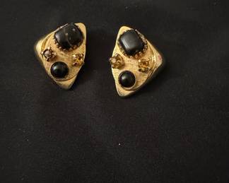 Vintage Gold Tone Geometric Clip-On Earrings with Black Cabochons and Amber Rhinestones