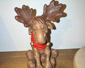 Vintage Hand-Painted Ceramic Moose Figurine with Bells