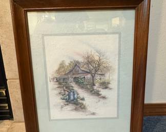 Andres Orpinas "Milk Cans and Rustic Barn" Framed Print