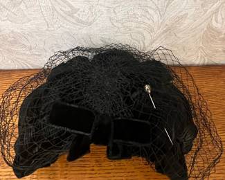 Vintage Black Velvet Pillbox Hat with Bow and Netting