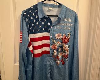 250th Anniversary 1776-2026 Floral & American Flag Print Denim Shirt
