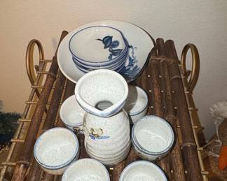 Japanese Ceramic Sake Set with Botanical Motifs