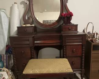Victorian Revival Vanity and Stool Set with Bobbin-Turned Legs
