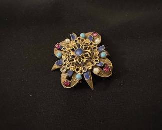 Vintage Gold Tone Filigree Flower Brooch with Blue Enamel and Rhinestones