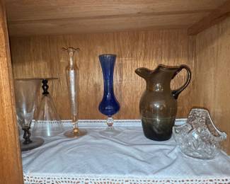 Mid-Century Cobalt Blue Glass Collection with Cut Glass Bowl