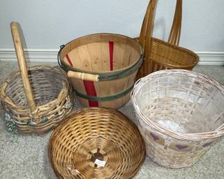 Assorted Decorative Baskets: Bushel Basket, Woven Handles, Round Tray, and Heart Cutout Basket