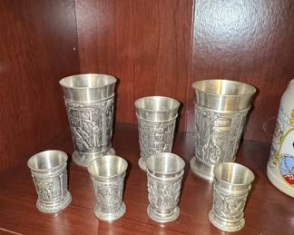 Vintage German Pewter Becher and Schnapps Cup Collection with Relief Scenes