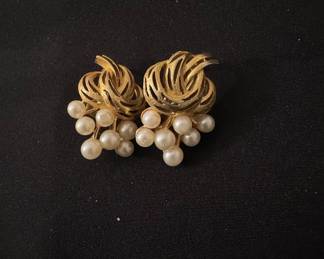 Vintage Trifari Gold-Tone Faux Pearl Cluster Earrings