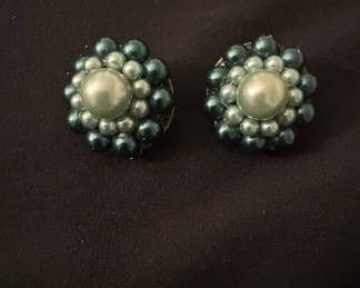 Vintage Teal and Sage Green Faux Pearl Cluster Clip-On Earrings Marked Japan