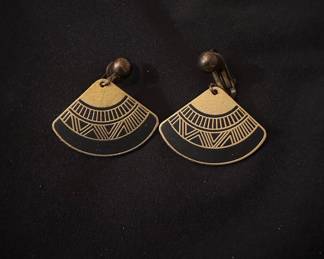 Art Deco Style Fan-Shaped Clip-On Earrings with Black Enamel Inlay