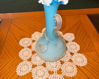 Victorian Blue Satin Glass Vase with Applied Frosted Camphor Glass