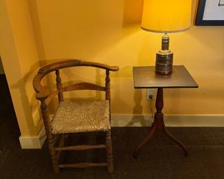 Very early primitive corner chair. Cherry candle stand. 