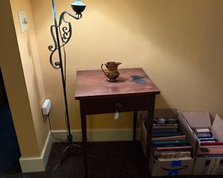 Another Hepplewhite one drawer stand. Top has damage. Nice early iron lamp. Boxes of books for you to look through. Copper Lustre pitcher.