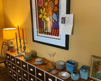 Apothecary NOT FOR SALE -stays with family. however the items and art (previously pictured) are for sale. Examples of Glidden art pottery, Britto signed martini glass, MacKenzie -CHilds candles sticks and votive candle holders. Copper base lamp.