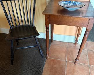 Primitive chair in original paint. Tiger maple table-no drawer.