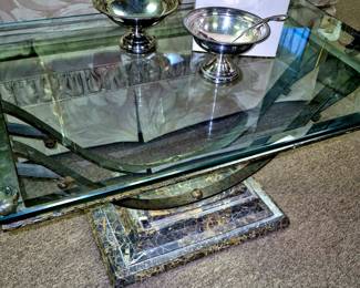 Faux marble and cast iron w/ glass beveled top