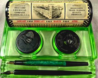 Much, much St. Joseph collectibles!! "Complments of Hillyard Chemical Company,  St. Joseph, MO. U.S.A." 1931 and 1932 cylinder calendar on green uranium glass desk calendar and combination double inkwell set