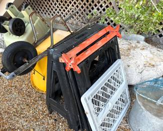 saw horses, wheel barrows, pet gate & more