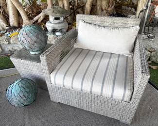 Love this sumptious patio armchair (with new cushions, not pictured), and those copper spheres are to die for!!