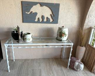 Such elegant lines on this outdoor patio aluminum & glass console table.
