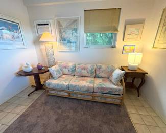 Another vintage bamboo couch, plus 2 quality dark wood side tables.