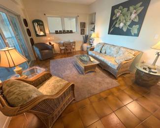 vintage bamboo couch set (plus armchair, side table, coffee table) look at those dragon pots repurposed as coffee tables!!